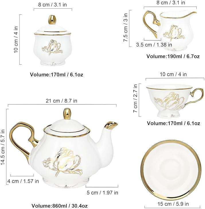fanquare British Porcelain Tea Coffee Set 22 Piece New Bone China Gold Tulip Tea Service for Afternoon Tea, 6 TeaCup and Saucers with Metal Holder for Home Wedding Birthday - Image 3