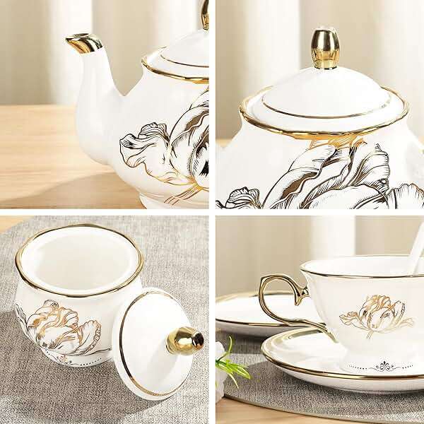 fanquare British Porcelain Tea Coffee Set 22 Piece New Bone China Gold Tulip Tea Service for Afternoon Tea, 6 TeaCup and Saucers with Metal Holder for Home Wedding Birthday - Image 4