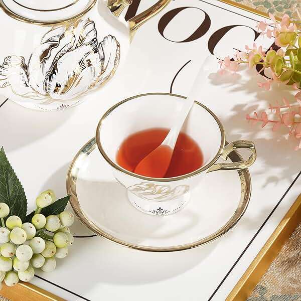 fanquare British Porcelain Tea Coffee Set 22 Piece New Bone China Gold Tulip Tea Service for Afternoon Tea, 6 TeaCup and Saucers with Metal Holder for Home Wedding Birthday - Image 5