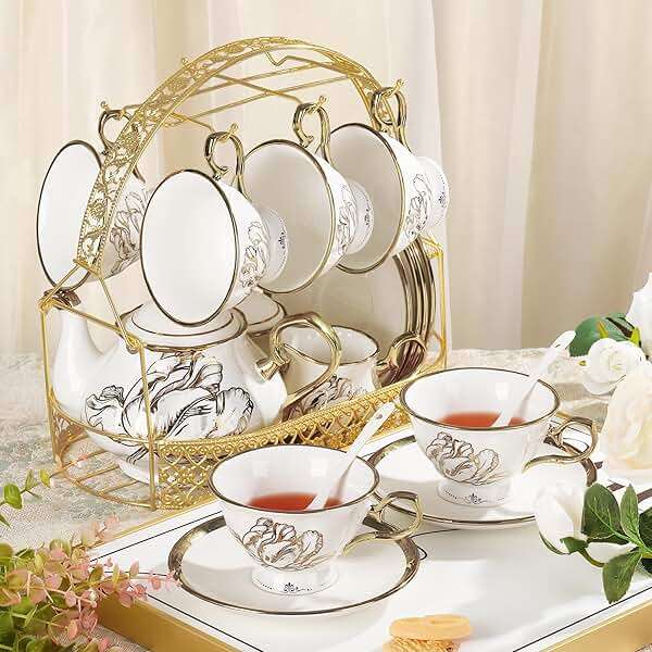 fanquare British Porcelain Tea Coffee Set 22 Piece New Bone China Gold Tulip Tea Service for Afternoon Tea, 6 TeaCup and Saucers with Metal Holder for Home Wedding Birthday - Image 6