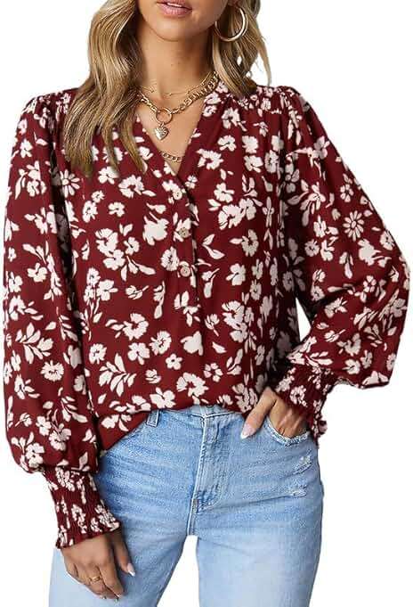Dokotoo Women's Casual V Neck Easel Floral Print Long Sleeve Blouses Smocked Button Down Shirts Bohemian Top - Image 1