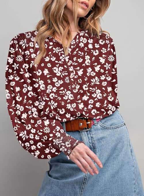 Dokotoo Women's Casual V Neck Easel Floral Print Long Sleeve Blouses Smocked Button Down Shirts Bohemian Top - Image 2