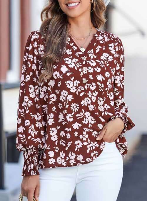 Dokotoo Women's Casual V Neck Easel Floral Print Long Sleeve Blouses Smocked Button Down Shirts Bohemian Top - Image 3