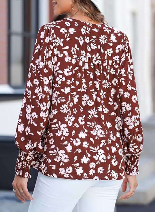 Dokotoo Women's Casual V Neck Easel Floral Print Long Sleeve Blouses Smocked Button Down Shirts Bohemian Top - Image 5