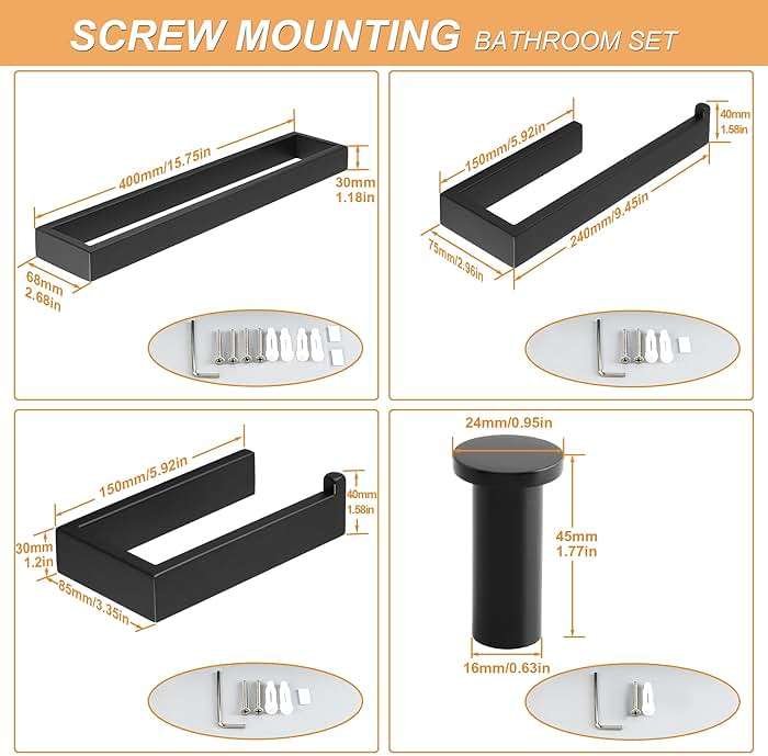 SAYAYO 7-Piece Bathroom Hardware Set Black, Includes 16 Inch Towel Bar, Towel Ring, Toilet Paper Holder & 4Pcs Coat Hooks Wall Mount, Towel Racks for Bathroom Accessories Set SUS304 Stainless Steel - Image 7