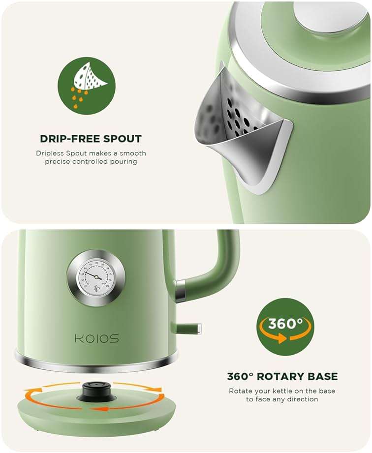 Electric Kettle 1.8L with Temperature Gauge, 1500W Fast Boiling Electric Tea Kettle, 100% Stainless Steel Retro-Style Hot Water Kettle Electric - Glowing LED Light, Auto Shut-Off & Boil-Dry Protection - Image 8