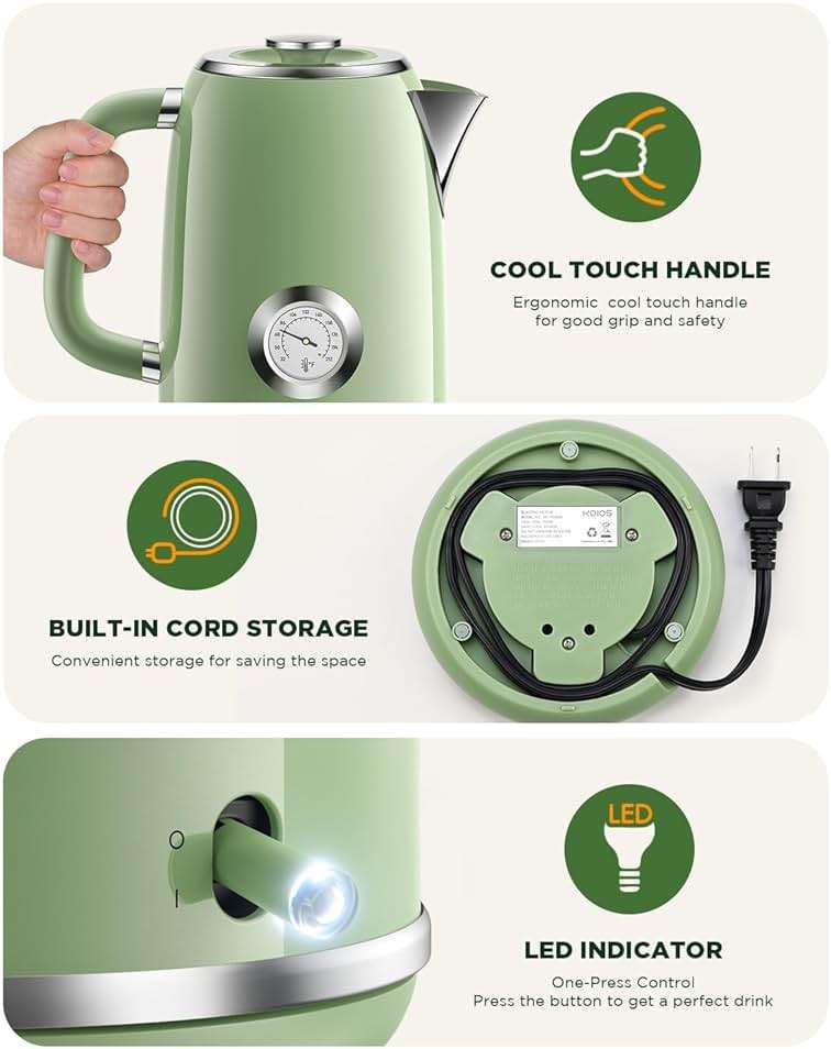 Electric Kettle 1.8L with Temperature Gauge, 1500W Fast Boiling Electric Tea Kettle, 100% Stainless Steel Retro-Style Hot Water Kettle Electric - Glowing LED Light, Auto Shut-Off & Boil-Dry Protection - Image 9