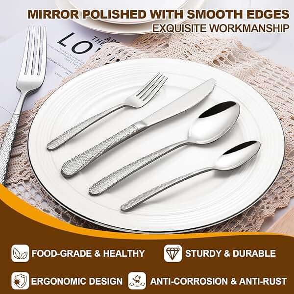 40-Piece Hammered Silverware Set, Deedro Stainless Steel Heavy Duty Flatware Set for 8, Food-Grade Tableware Cutlery Set, Utensil Sets for Home Restaurant, Mirror Finish, Dishwasher Safe - Image 4