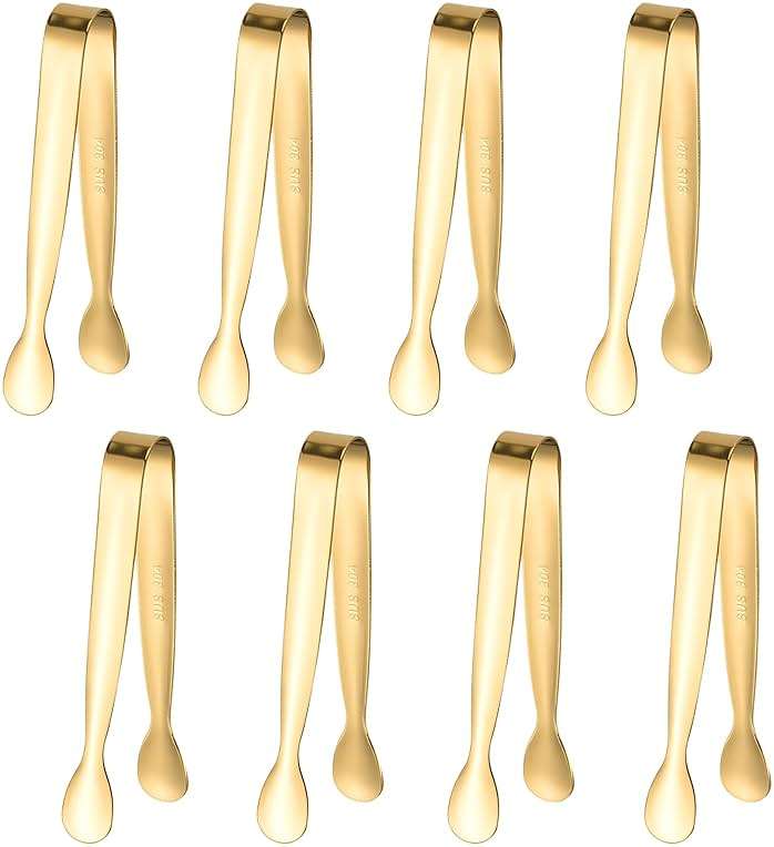 8PCS Gold Mini Metal Tongs, 4.3" Stainless Steel Tiny Tong, Small Kitchen Accessories for Serving Food, Ice, Sugar Cube, Salad, Toaster, Desserts - Image 1