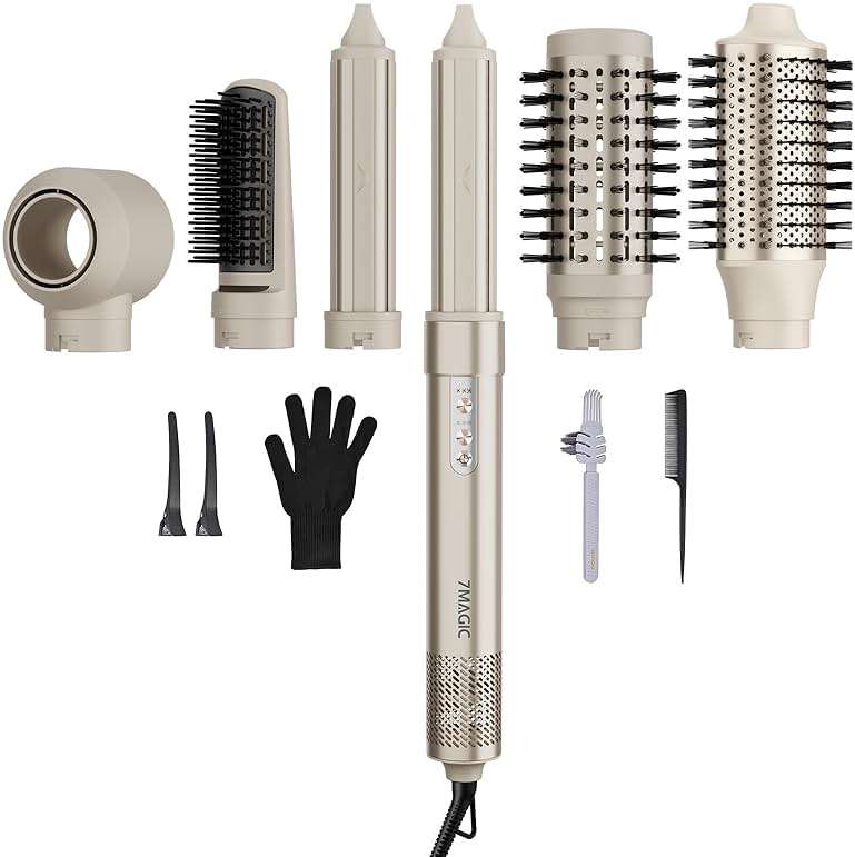 7MAGIC 6 in 1 Multi Hair Styler Dryer Brush, 110,000 RPM High-Speed, Negative Ionic, Fast Drying for Professional Blow Dry, Curling, Volumizing, Straightening and Styling, Gold - Image 1