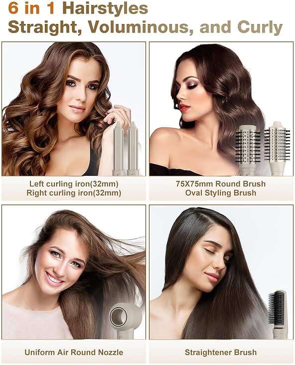 7MAGIC 6 in 1 Multi Hair Styler Dryer Brush, 110,000 RPM High-Speed, Negative Ionic, Fast Drying for Professional Blow Dry, Curling, Volumizing, Straightening and Styling, Gold - Image 2
