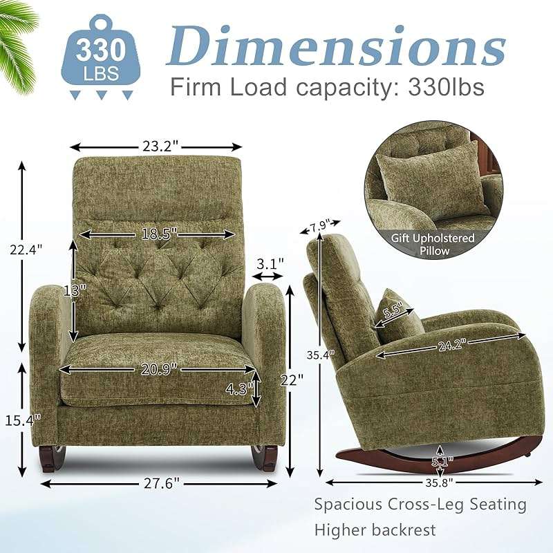 VINGLI Chenille Low Seat Rocking Chair,Upholstered Nursery Glider Chair with Side Pockets,Accent Arm Chair with High Backrest,Comfy Head Rest,Solid Wood,for Living Room Bedroom Balcony,Olive Green - Image 2