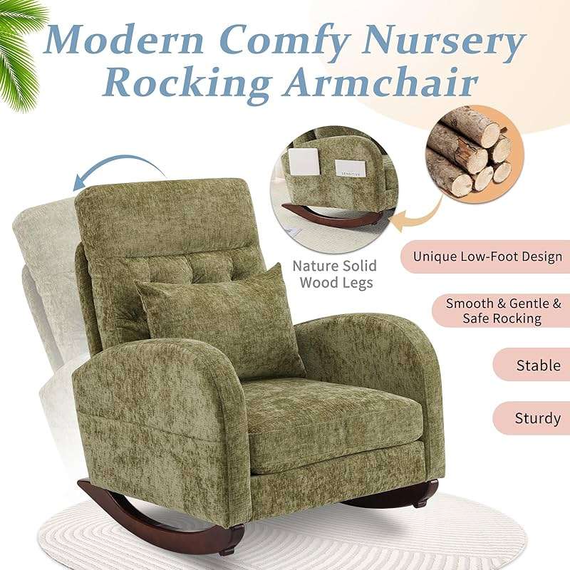 VINGLI Chenille Low Seat Rocking Chair,Upholstered Nursery Glider Chair with Side Pockets,Accent Arm Chair with High Backrest,Comfy Head Rest,Solid Wood,for Living Room Bedroom Balcony,Olive Green - Image 3