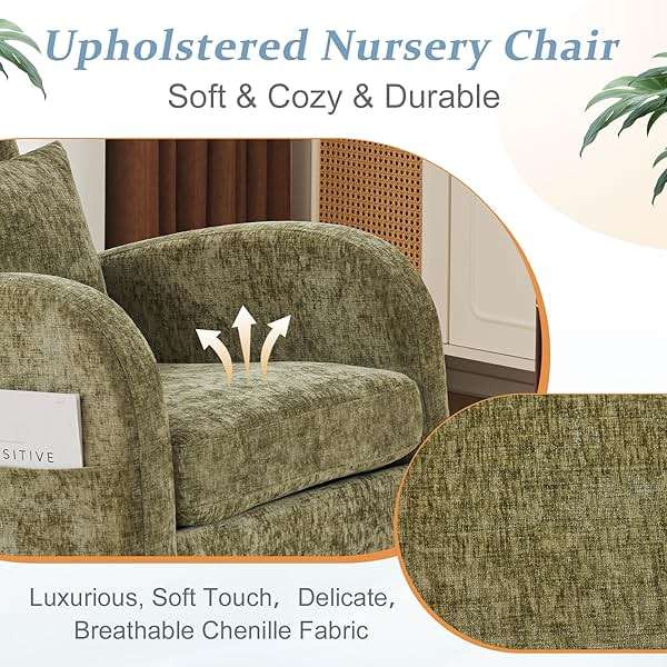 VINGLI Chenille Low Seat Rocking Chair,Upholstered Nursery Glider Chair with Side Pockets,Accent Arm Chair with High Backrest,Comfy Head Rest,Solid Wood,for Living Room Bedroom Balcony,Olive Green - Image 5