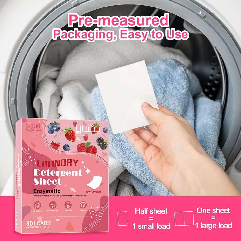 YUCO Laundry Detergent Sheets Berry Scent 80 Loads Eco Laundry Soap Washer Sheet, Liquidless Washing Detergent Sheets for Laundry for Travel, Plastic Free, Hypoallergenic - Image 5