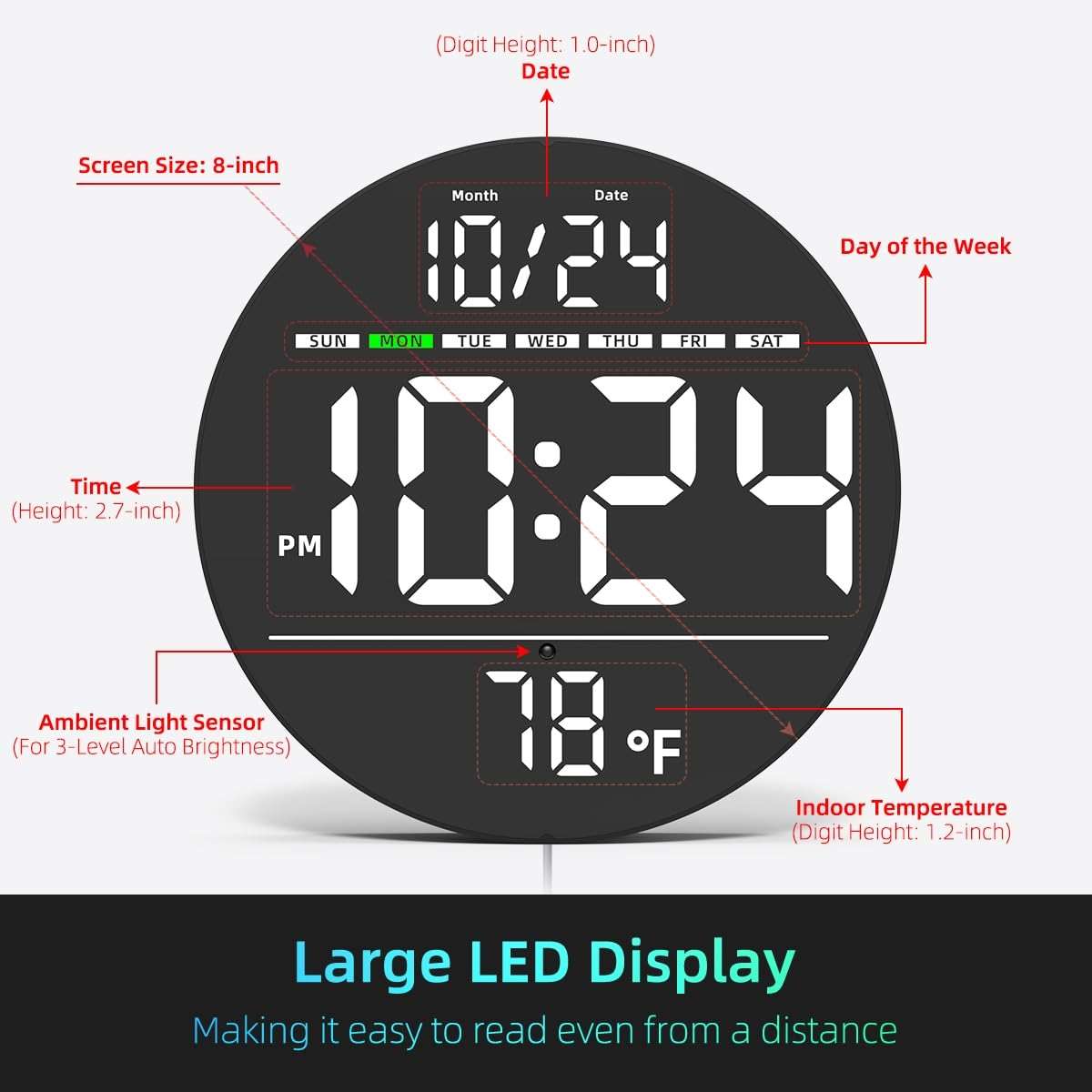 Digital Wall Clock with Large LED Display, Date, Temperature, Auto-Brightness | Small [PLUG-IN] Clock | Modern Electric Wall Clock for Bedroom, Classroom, Living Room, Home, Office, Farmhouse – White - Image 3