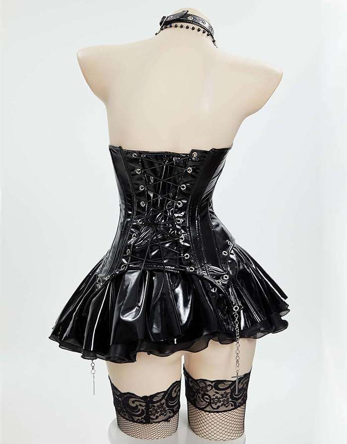 MEOWCOS Women Corset Dress Gothic Camisole and Skirt Set with Net Stockings and Lace Sleeves - Image 3