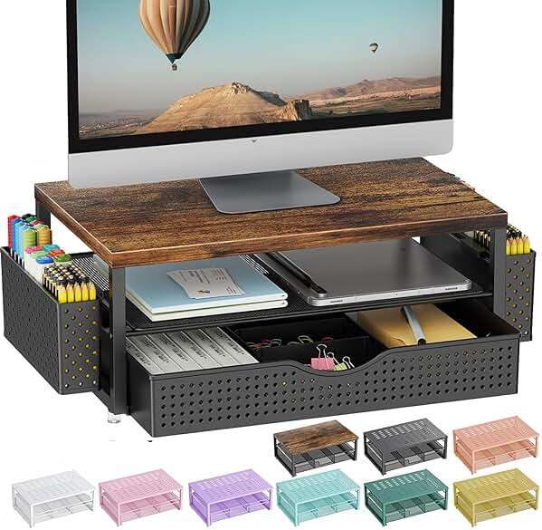 gianotter Desk Organizers and Accessories, Monitor Stand with Drawer and 2 Pen Holder, Desktop Organizer Suitable for Offices and Dormitories (Wood-Plain) - Image 1