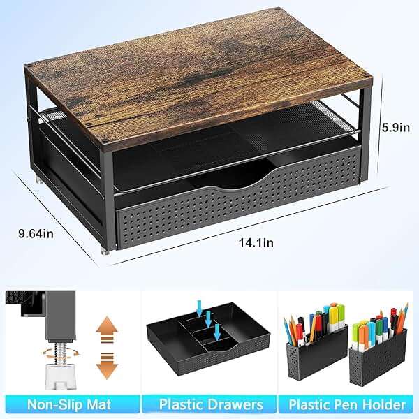 gianotter Desk Organizers and Accessories, Monitor Stand with Drawer and 2 Pen Holder, Desktop Organizer Suitable for Offices and Dormitories (Wood-Plain) - Image 2