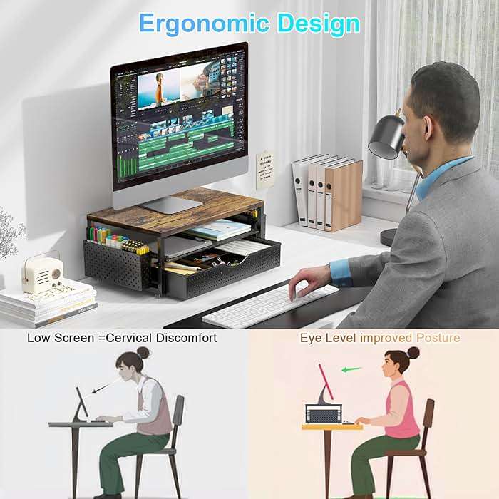 gianotter Desk Organizers and Accessories, Monitor Stand with Drawer and 2 Pen Holder, Desktop Organizer Suitable for Offices and Dormitories (Wood-Plain) - Image 3