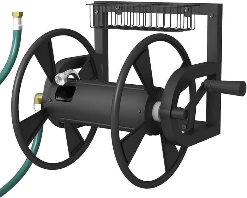 Artigarden Garden Wall Mounted Hose Reel, Outdoor Heavy-Duty Water Hose Holder Winder, Holds 125 Feet of 5/8-Inch Hose, with 3.9 ft Leader Hose, Water Fitting and Storage Basket for Yard, Black - Image 1