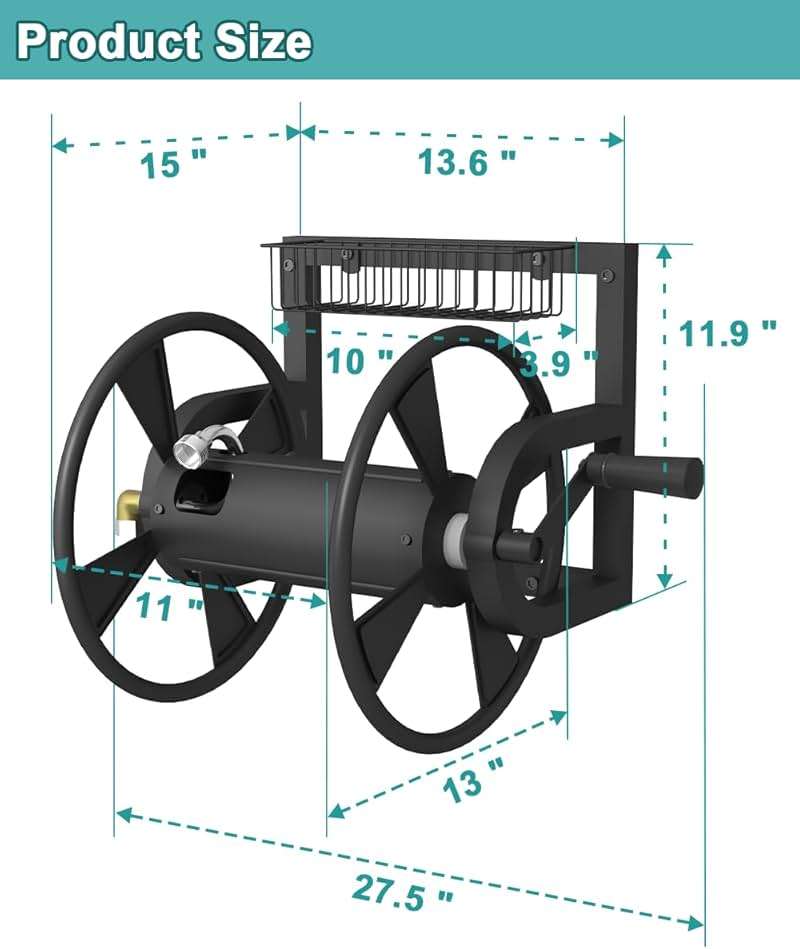 Artigarden Garden Wall Mounted Hose Reel, Outdoor Heavy-Duty Water Hose Holder Winder, Holds 125 Feet of 5/8-Inch Hose, with 3.9 ft Leader Hose, Water Fitting and Storage Basket for Yard, Black - Image 2