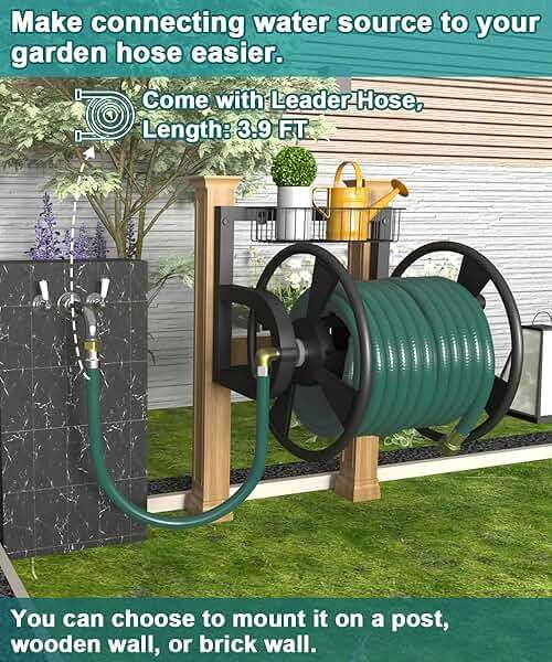 Artigarden Garden Wall Mounted Hose Reel, Outdoor Heavy-Duty Water Hose Holder Winder, Holds 125 Feet of 5/8-Inch Hose, with 3.9 ft Leader Hose, Water Fitting and Storage Basket for Yard, Black - Image 3