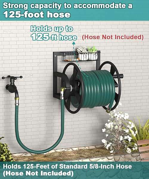 Artigarden Garden Wall Mounted Hose Reel, Outdoor Heavy-Duty Water Hose Holder Winder, Holds 125 Feet of 5/8-Inch Hose, with 3.9 ft Leader Hose, Water Fitting and Storage Basket for Yard, Black - Image 4