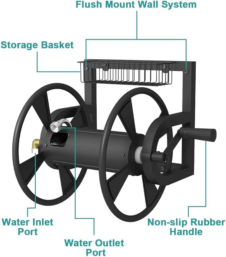 Artigarden Garden Wall Mounted Hose Reel, Outdoor Heavy-Duty Water Hose Holder Winder, Holds 125 Feet of 5/8-Inch Hose, with 3.9 ft Leader Hose, Water Fitting and Storage Basket for Yard, Black - Image 5