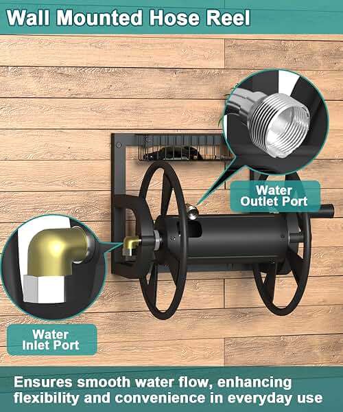 Artigarden Garden Wall Mounted Hose Reel, Outdoor Heavy-Duty Water Hose Holder Winder, Holds 125 Feet of 5/8-Inch Hose, with 3.9 ft Leader Hose, Water Fitting and Storage Basket for Yard, Black - Image 6