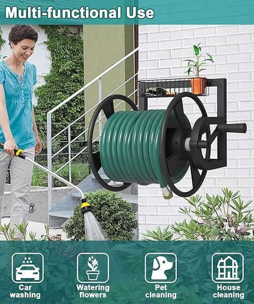 Artigarden Garden Wall Mounted Hose Reel, Outdoor Heavy-Duty Water Hose Holder Winder, Holds 125 Feet of 5/8-Inch Hose, with 3.9 ft Leader Hose, Water Fitting and Storage Basket for Yard, Black - Image 7