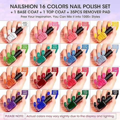 Nailshion Nail Polish 10ml 16 Colors Rainbow Air Dry Regular Nail Polish Set with Base Top Coat & Remover Pads| White Red Classic French Fingernail Polishes Non-gel Bulk Gift for Nail Art Lovers - Image 2
