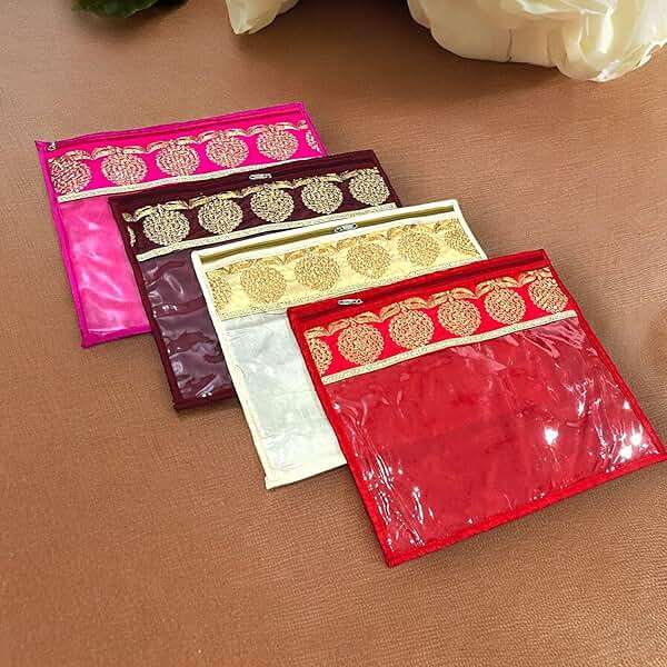 LoveNspire Pack of 4 Assorted Sari Bag with Zipper Closure Transparent Saree Cover Wardrobe Clothes Organiser Sari Storage Bag Indian Wedding Favor Cloth Case Gift Packing - Birthday Anniversary - Image 2
