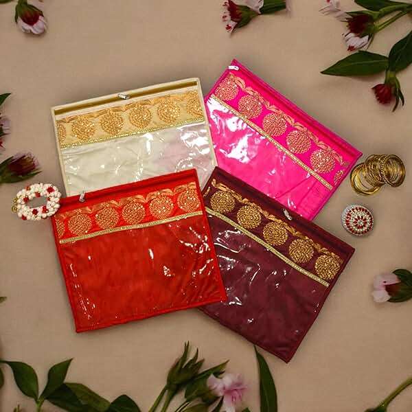 LoveNspire Pack of 4 Assorted Sari Bag with Zipper Closure Transparent Saree Cover Wardrobe Clothes Organiser Sari Storage Bag Indian Wedding Favor Cloth Case Gift Packing - Birthday Anniversary - Image 4