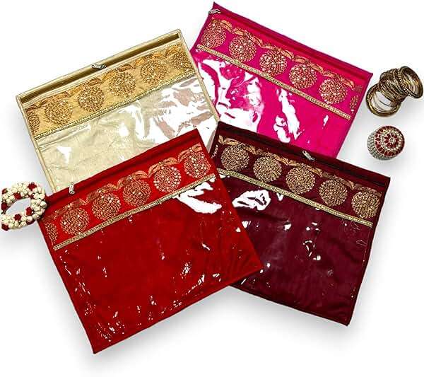 LoveNspire Pack of 4 Assorted Sari Bag with Zipper Closure Transparent Saree Cover Wardrobe Clothes Organiser Sari Storage Bag Indian Wedding Favor Cloth Case Gift Packing - Birthday Anniversary - Image 6