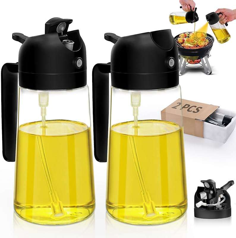 Oil Sprayer and Dispenser Set - 2pcs 16oz Bottle for Cooking, Air Fryer, Salad, Grill - 2 in 1 Kitchen Accessory (Black) - Image 1