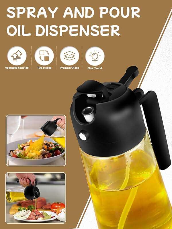 Oil Sprayer and Dispenser Set - 2pcs 16oz Bottle for Cooking, Air Fryer, Salad, Grill - 2 in 1 Kitchen Accessory (Black) - Image 2