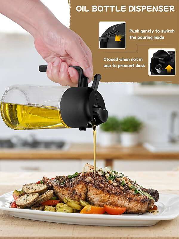 Oil Sprayer and Dispenser Set - 2pcs 16oz Bottle for Cooking, Air Fryer, Salad, Grill - 2 in 1 Kitchen Accessory (Black) - Image 4