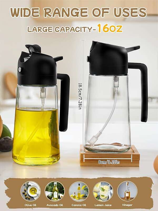 Oil Sprayer and Dispenser Set - 2pcs 16oz Bottle for Cooking, Air Fryer, Salad, Grill - 2 in 1 Kitchen Accessory (Black) - Image 5