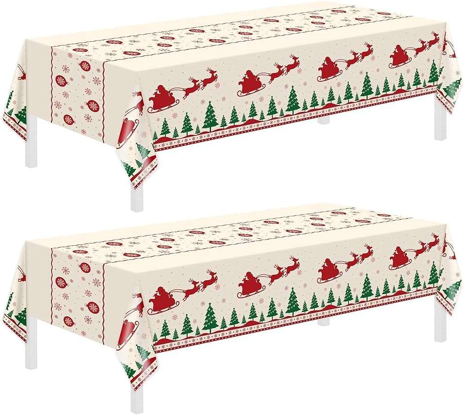 Childom Christmas Disposable Tablecloth,2 Pack Plastic Christmas Tablecloths for Rectangle Tables,54 x 108 Inch,Xmas Beige Reindeer Tablecloths for Xmas Table Decorations Indoor,Outdoor,Parties - Image 1