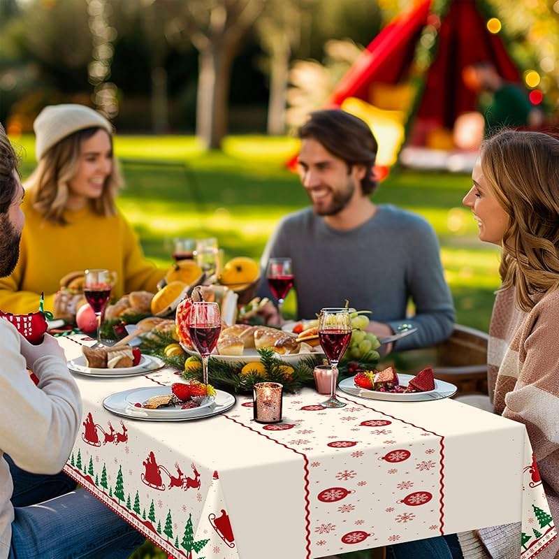 Childom Christmas Disposable Tablecloth,2 Pack Plastic Christmas Tablecloths for Rectangle Tables,54 x 108 Inch,Xmas Beige Reindeer Tablecloths for Xmas Table Decorations Indoor,Outdoor,Parties - Image 2