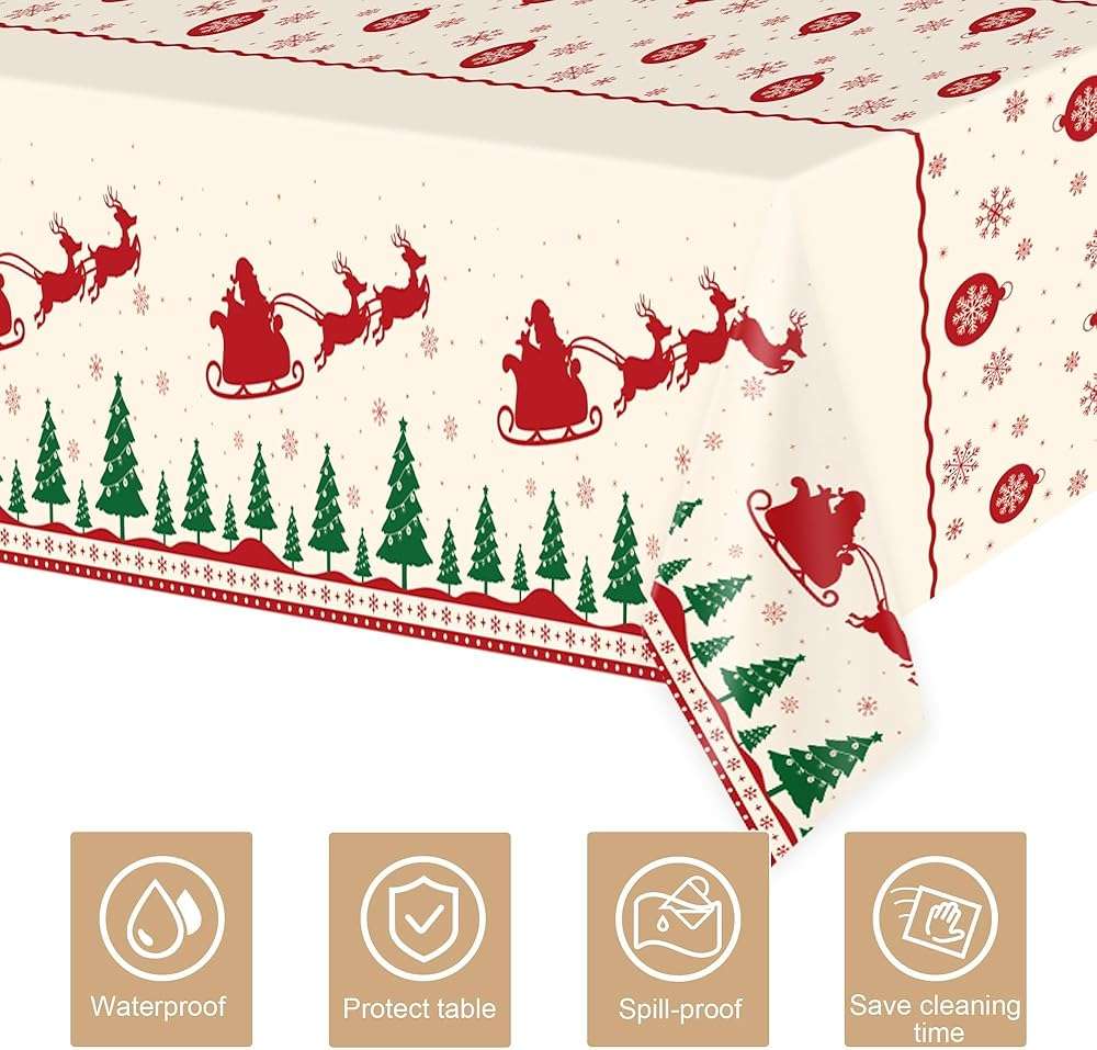 Childom Christmas Disposable Tablecloth,2 Pack Plastic Christmas Tablecloths for Rectangle Tables,54 x 108 Inch,Xmas Beige Reindeer Tablecloths for Xmas Table Decorations Indoor,Outdoor,Parties - Image 4