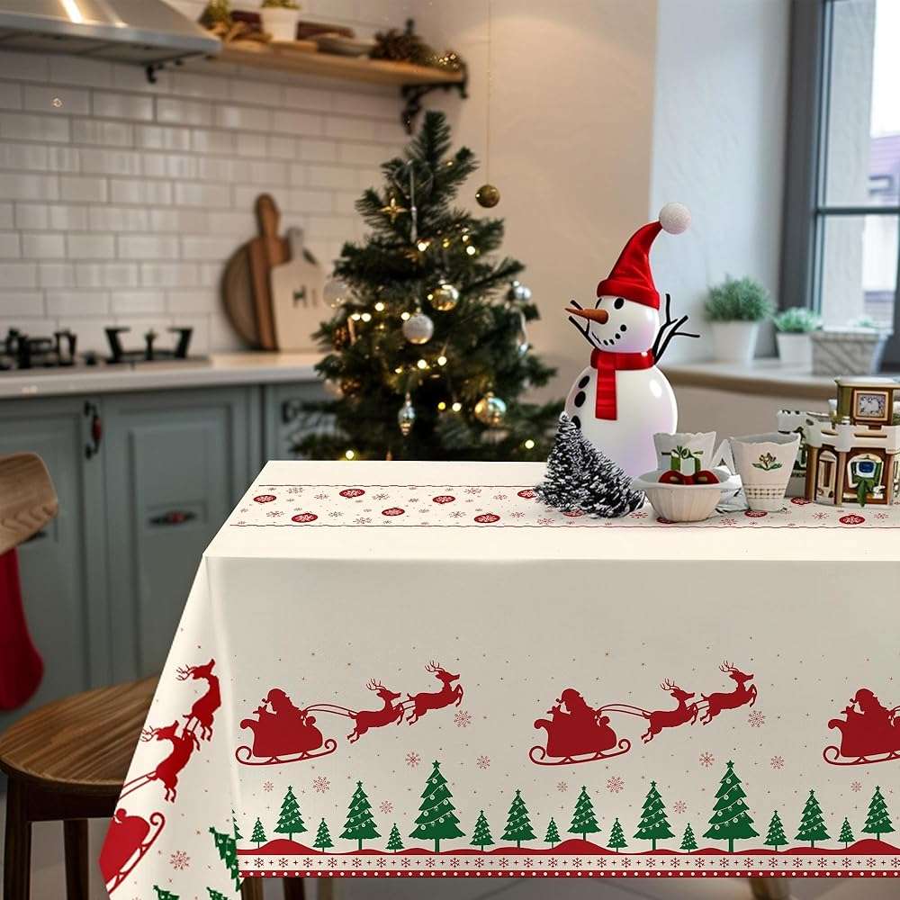 Childom Christmas Disposable Tablecloth,2 Pack Plastic Christmas Tablecloths for Rectangle Tables,54 x 108 Inch,Xmas Beige Reindeer Tablecloths for Xmas Table Decorations Indoor,Outdoor,Parties - Image 5