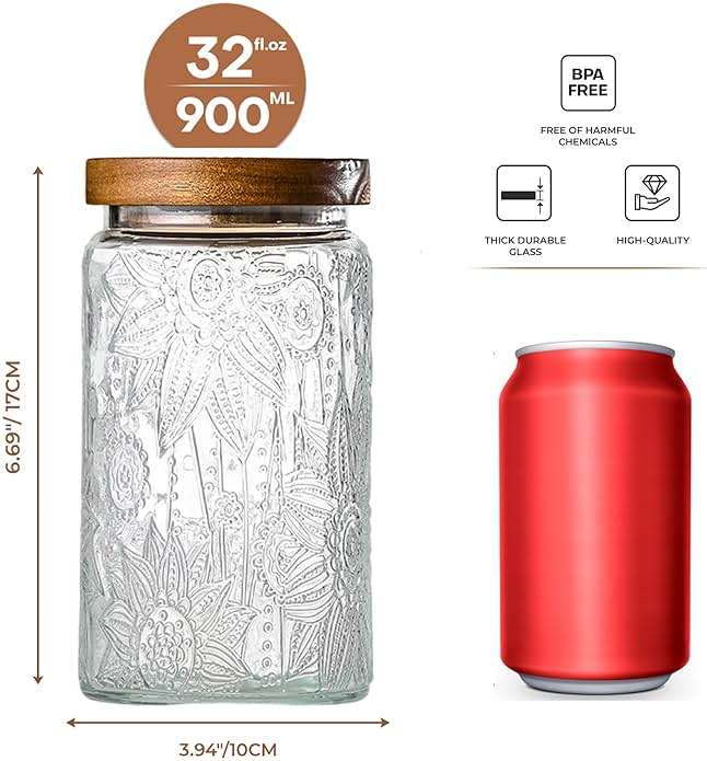 Adodeen 32oz Vintage Glass Jars With Lids, Airtight Food Storage Containers, Kitchen Canisters For Sugar, Coffee, Tea, Spice, Flour, Candy Cookie, Pasta, Cereal, Cute Decorative Jars - Image 3