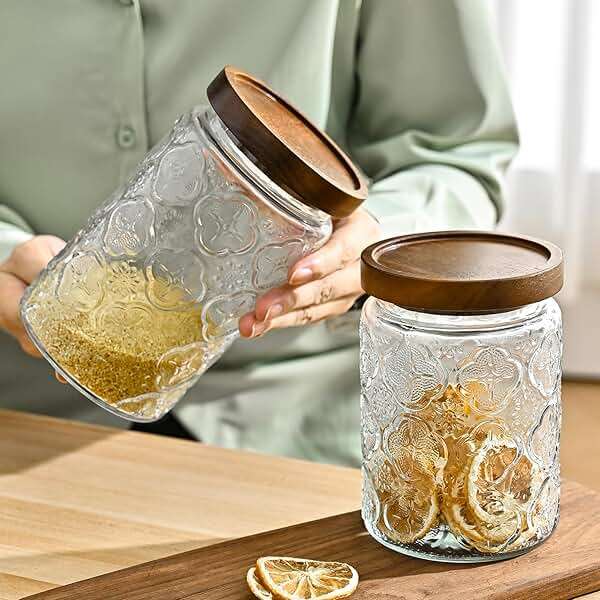 Adodeen 32oz Vintage Glass Jars With Lids, Airtight Food Storage Containers, Kitchen Canisters For Sugar, Coffee, Tea, Spice, Flour, Candy Cookie, Pasta, Cereal, Cute Decorative Jars - Image 6