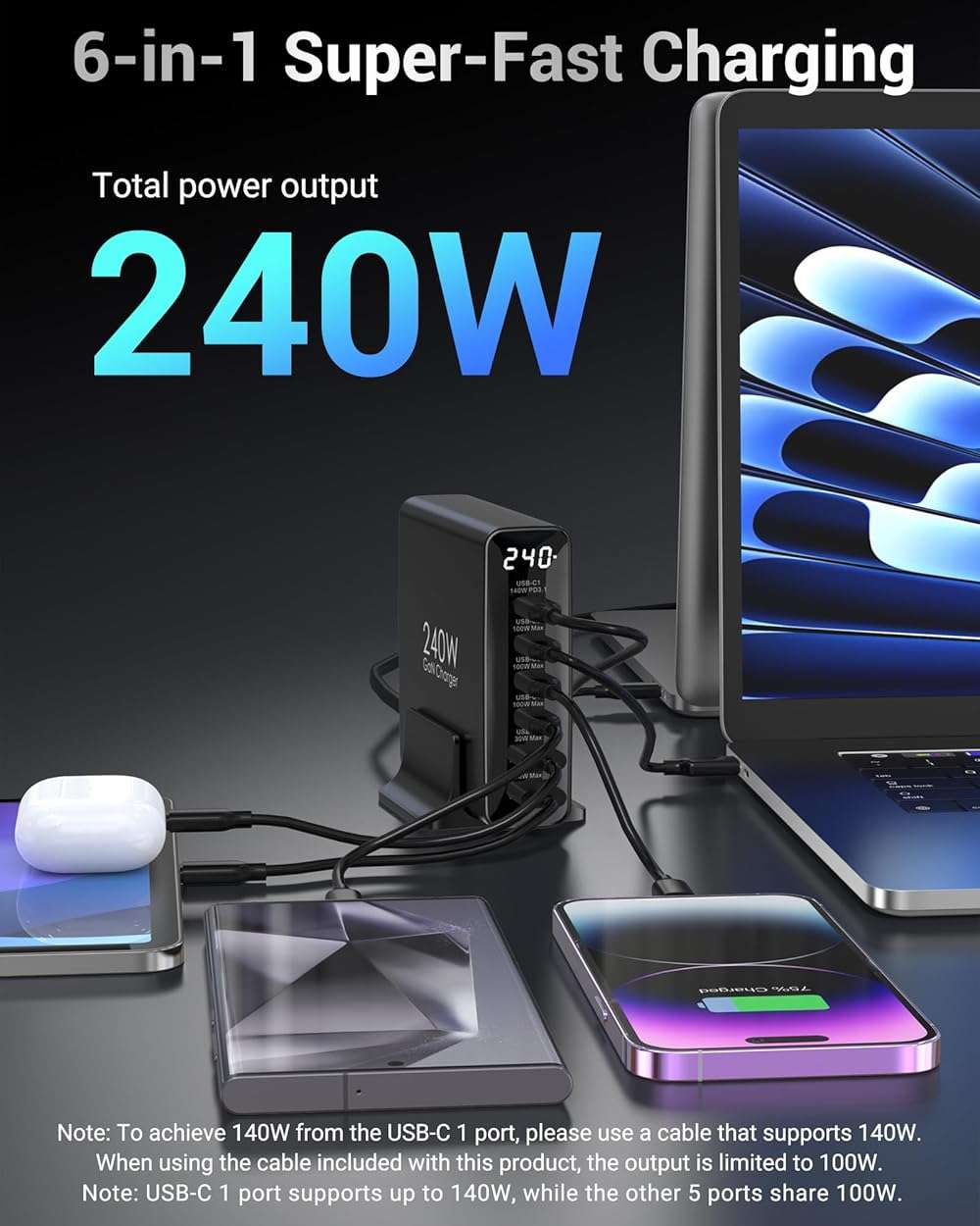 TOPADRE 240W USB C Charger with Display, 6 Ports Desktop Charging Station, PD3.1 140W Fast Charging Block for MacBook, iPad, iPhone 16/17, Galaxy S25/S24, Steam Deck, Dell XPS and More - Image 2