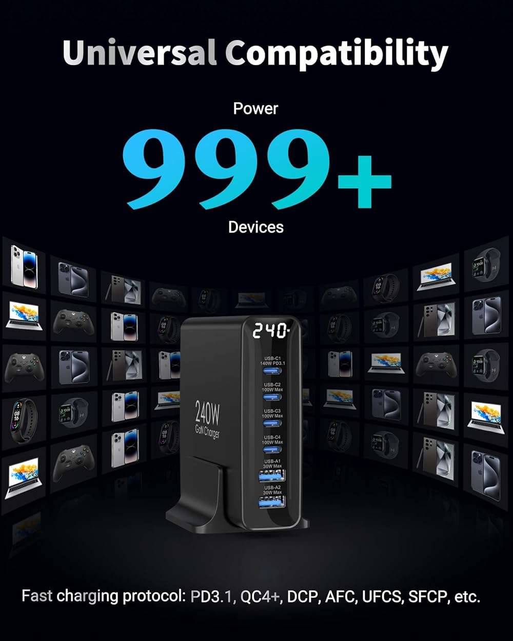 TOPADRE 240W USB C Charger with Display, 6 Ports Desktop Charging Station, PD3.1 140W Fast Charging Block for MacBook, iPad, iPhone 16/17, Galaxy S25/S24, Steam Deck, Dell XPS and More - Image 7