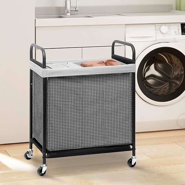 STORAGE MANIAC Rolling Laundry Hamper with Wheels 2-Section Laundry Sorter Rolling Laundrys Basket on Wheels with Removable Bag Clothes Hamper Laundrys Organizer Cart Bathroom Bedroom 100L Grey - Image 2