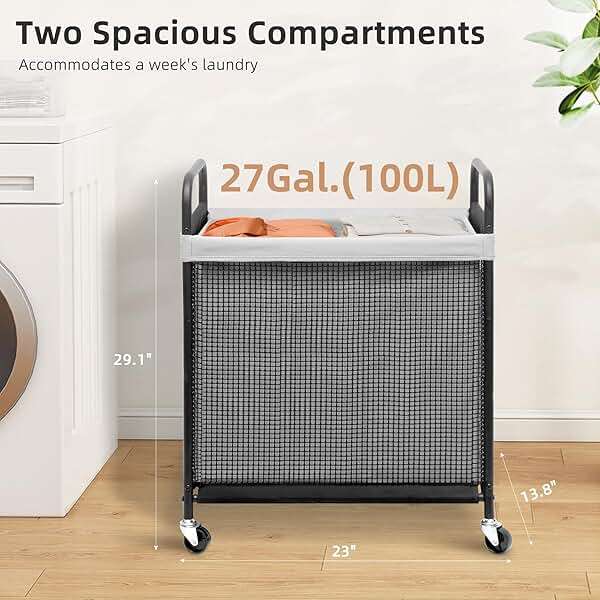 STORAGE MANIAC Rolling Laundry Hamper with Wheels 2-Section Laundry Sorter Rolling Laundrys Basket on Wheels with Removable Bag Clothes Hamper Laundrys Organizer Cart Bathroom Bedroom 100L Grey - Image 3