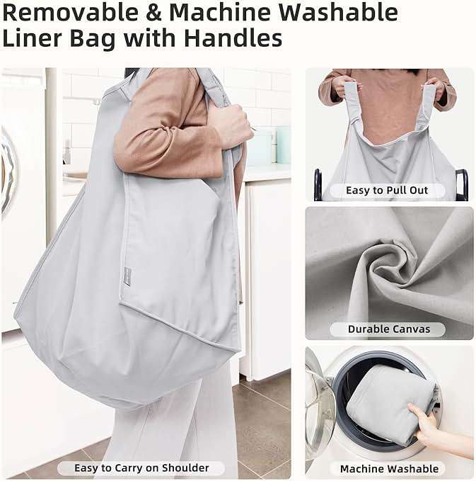 STORAGE MANIAC Rolling Laundry Hamper with Wheels 2-Section Laundry Sorter Rolling Laundrys Basket on Wheels with Removable Bag Clothes Hamper Laundrys Organizer Cart Bathroom Bedroom 100L Grey - Image 4